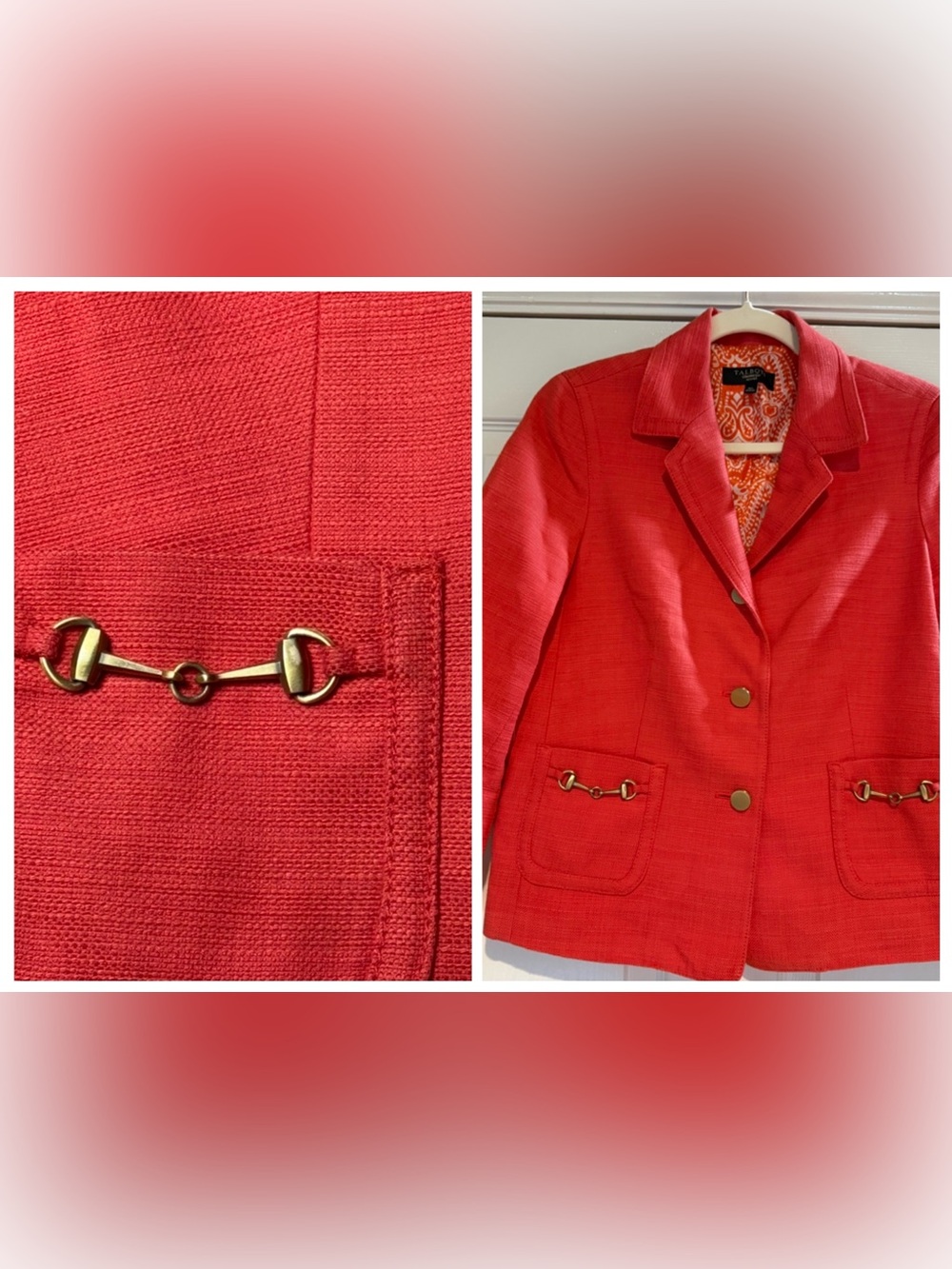 Talbots Petite Coral Orange Horsebit Textured Blazer Jacket 10P